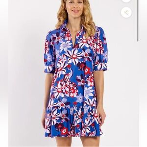 Jude Connally Women's Size L Cobalt Blue Twirling Peacock Libby Midi Dress